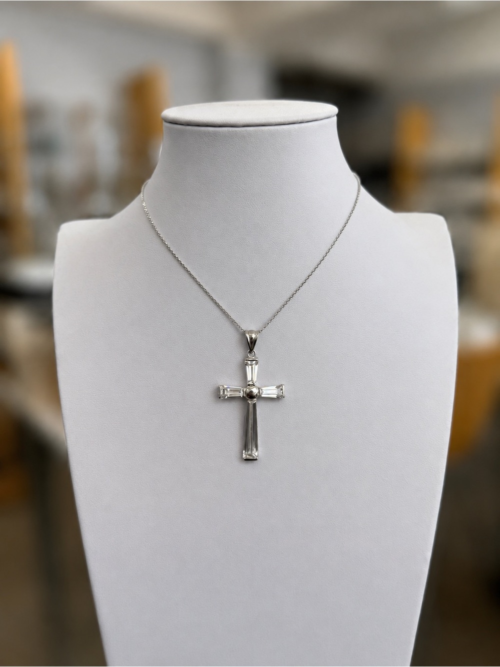 Sterling Silver Baguette Crystal Cross Necklace